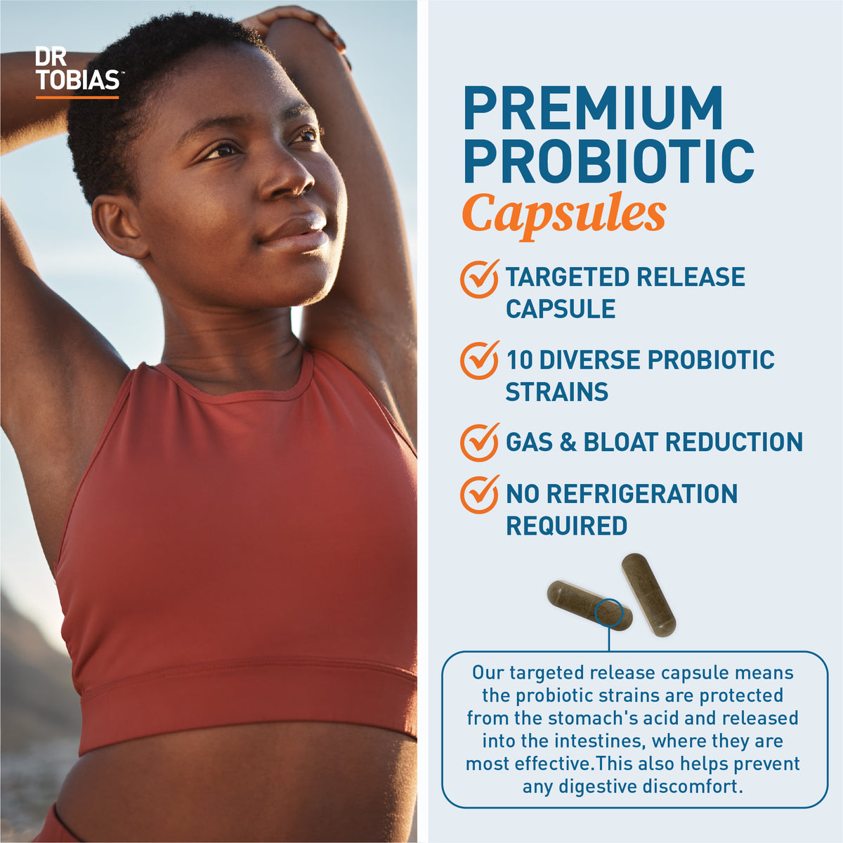 premium probiotic capsules that are targeted release, include 10 diverse strains of probiotics, support gas and blot reduction and do not require refrigeration. 