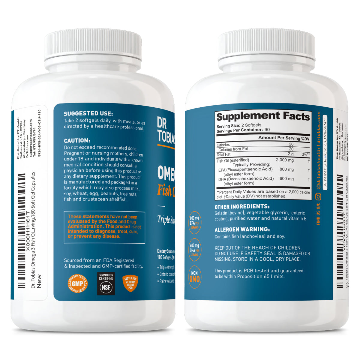 Two supplement bottles with blue labels on a white background