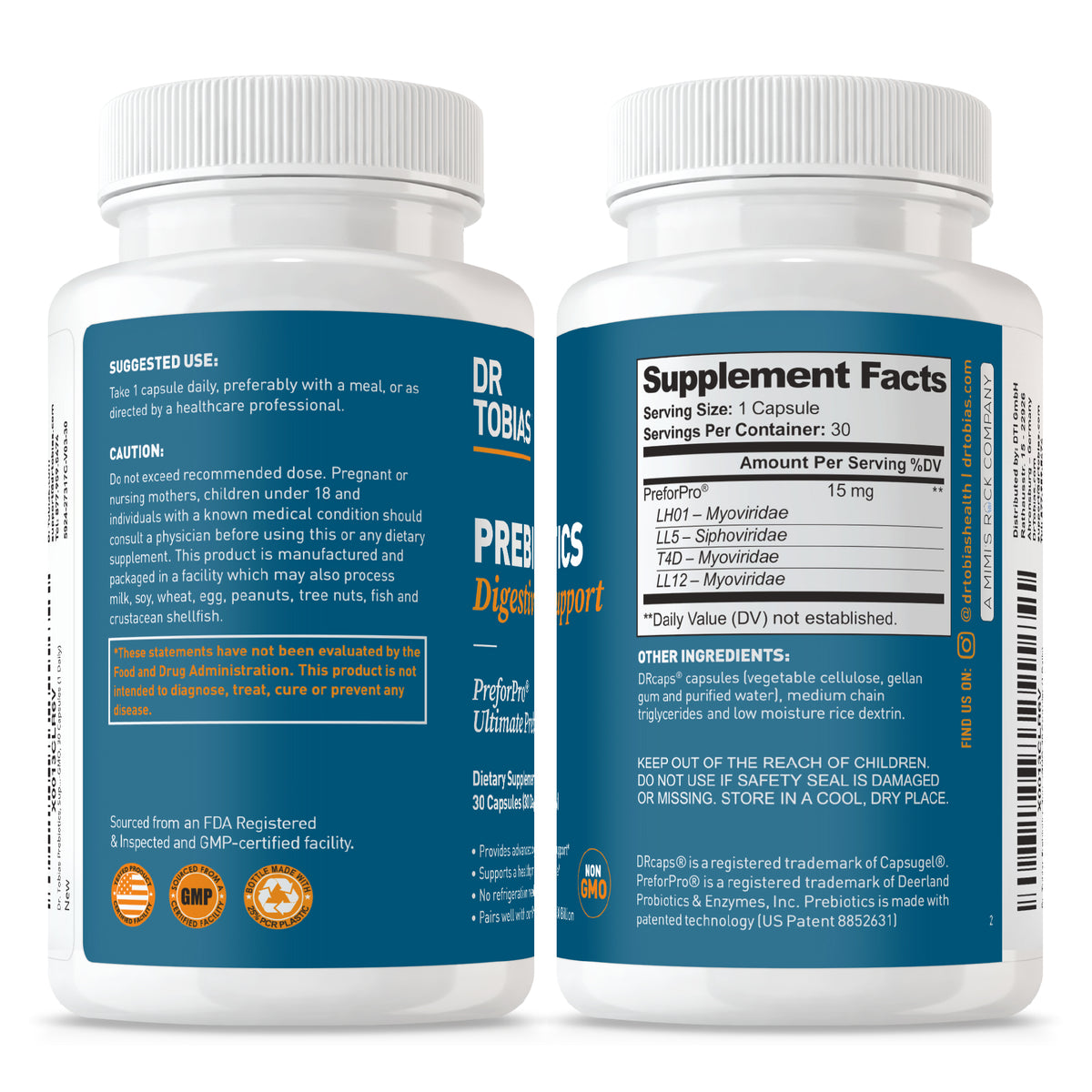 Two bottles of Dr. Tobias Prebiotic Support supplement with labels showing details.