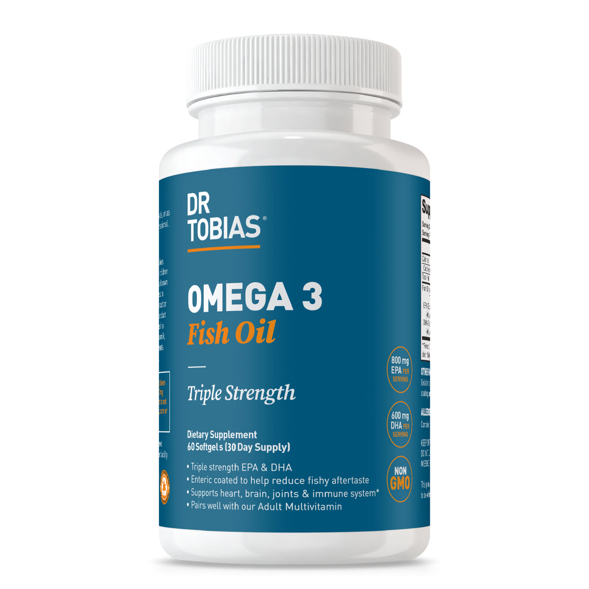 Dr Tobias Omega 3 Fish Oil supplement bottle on a white background