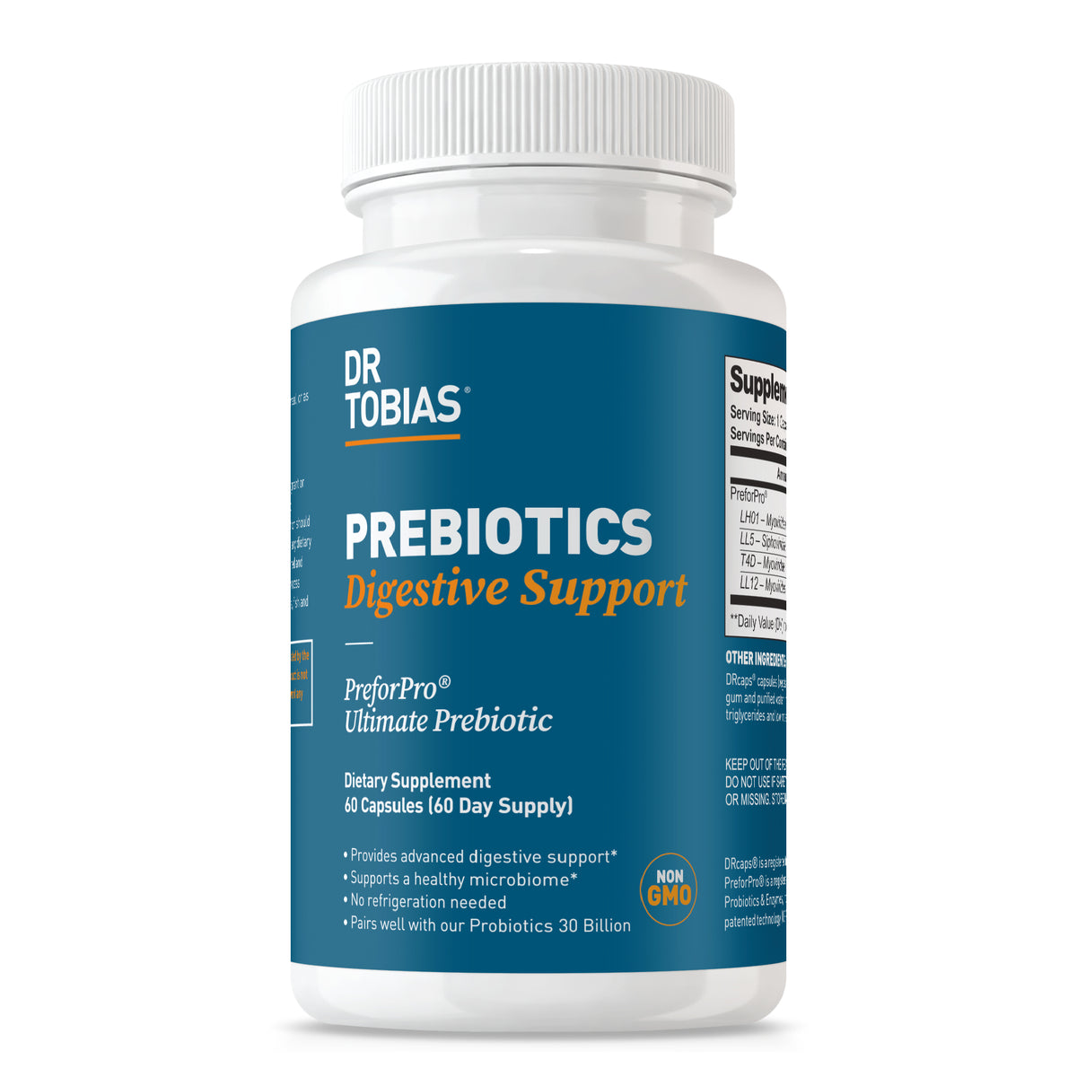 Dr Tobias prebiotics supplement bottle on a white background