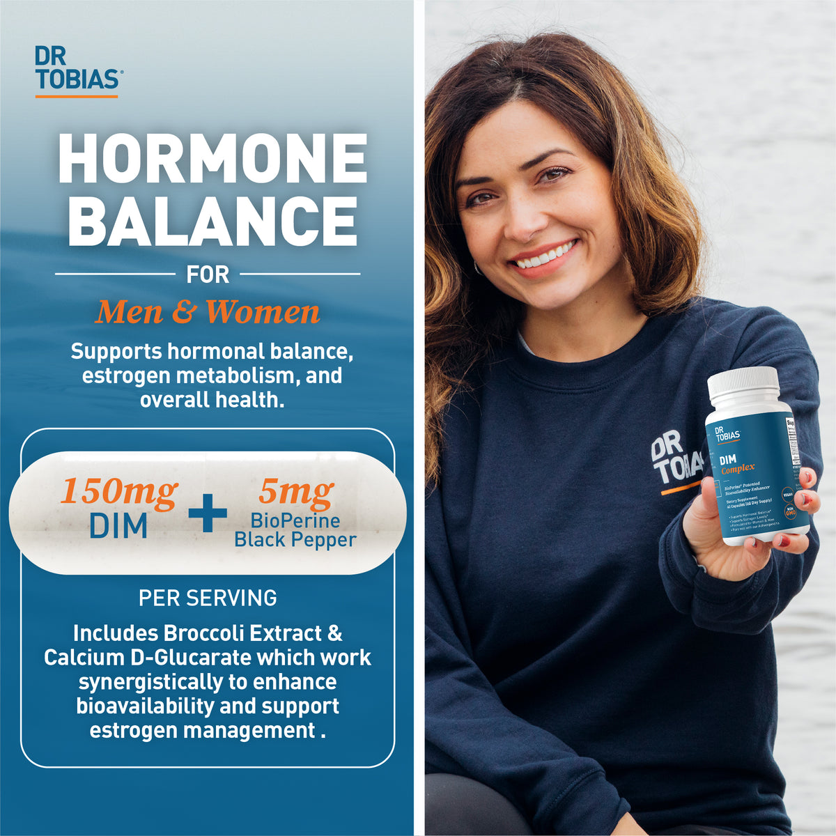 Woman holding a supplement bottle with Dr Tobias branding, featuring hormone balance product details.