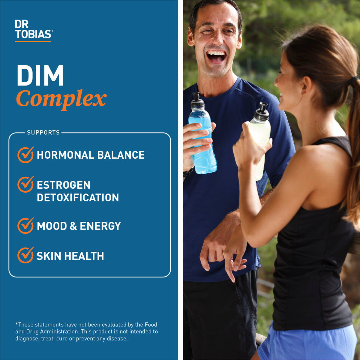Dr Tobias DIM Complex with a man and woman outdoors holding water bottles. why take a dim supplement.