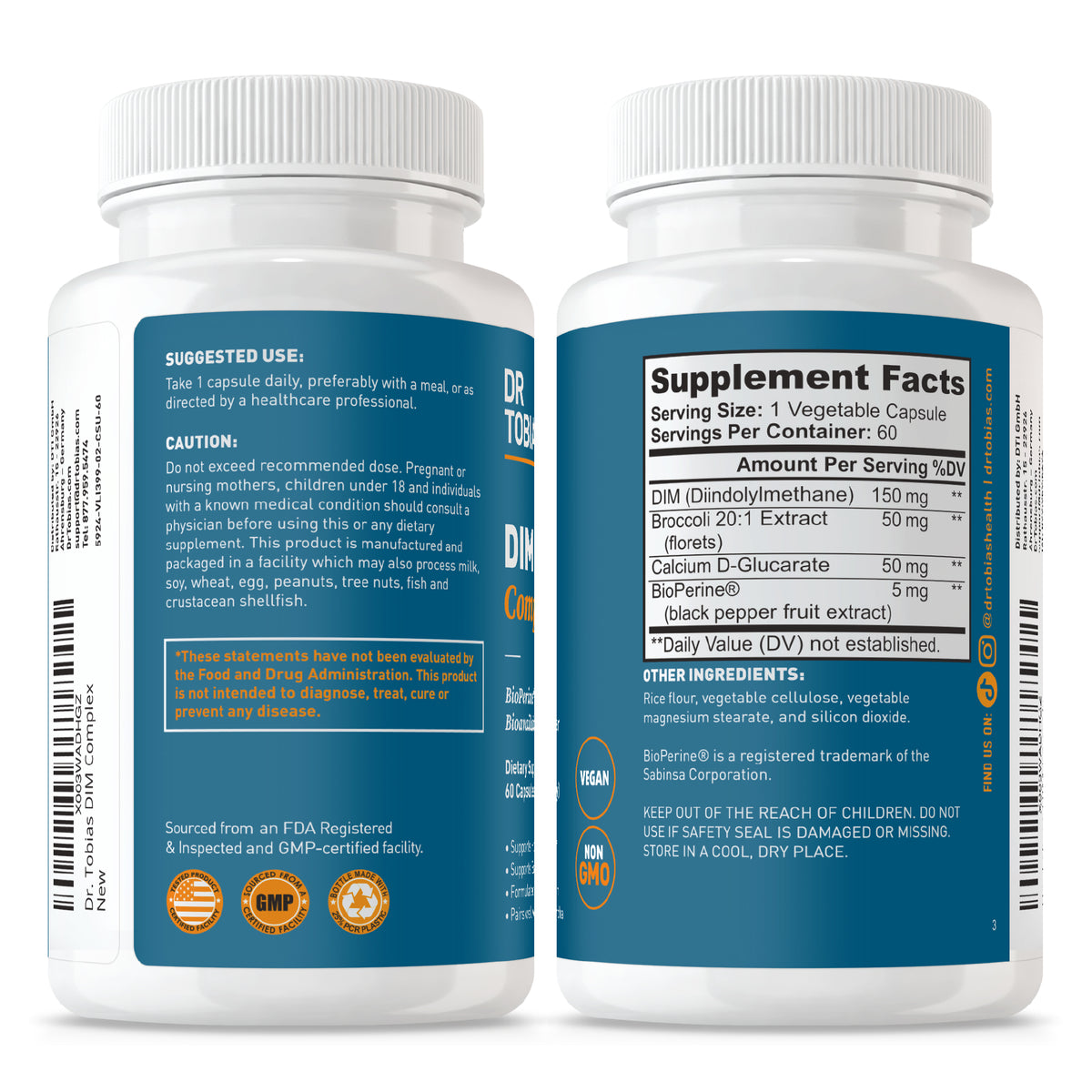 Two DIM complex supplement bottles with labels showing 'Supplement Facts' and 'Suggested Use'.