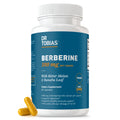 Dr. Tobias Berberine 500mg supplement bottle with capsules – vegan, non-GMO, with bitter melon and banaba leaf.