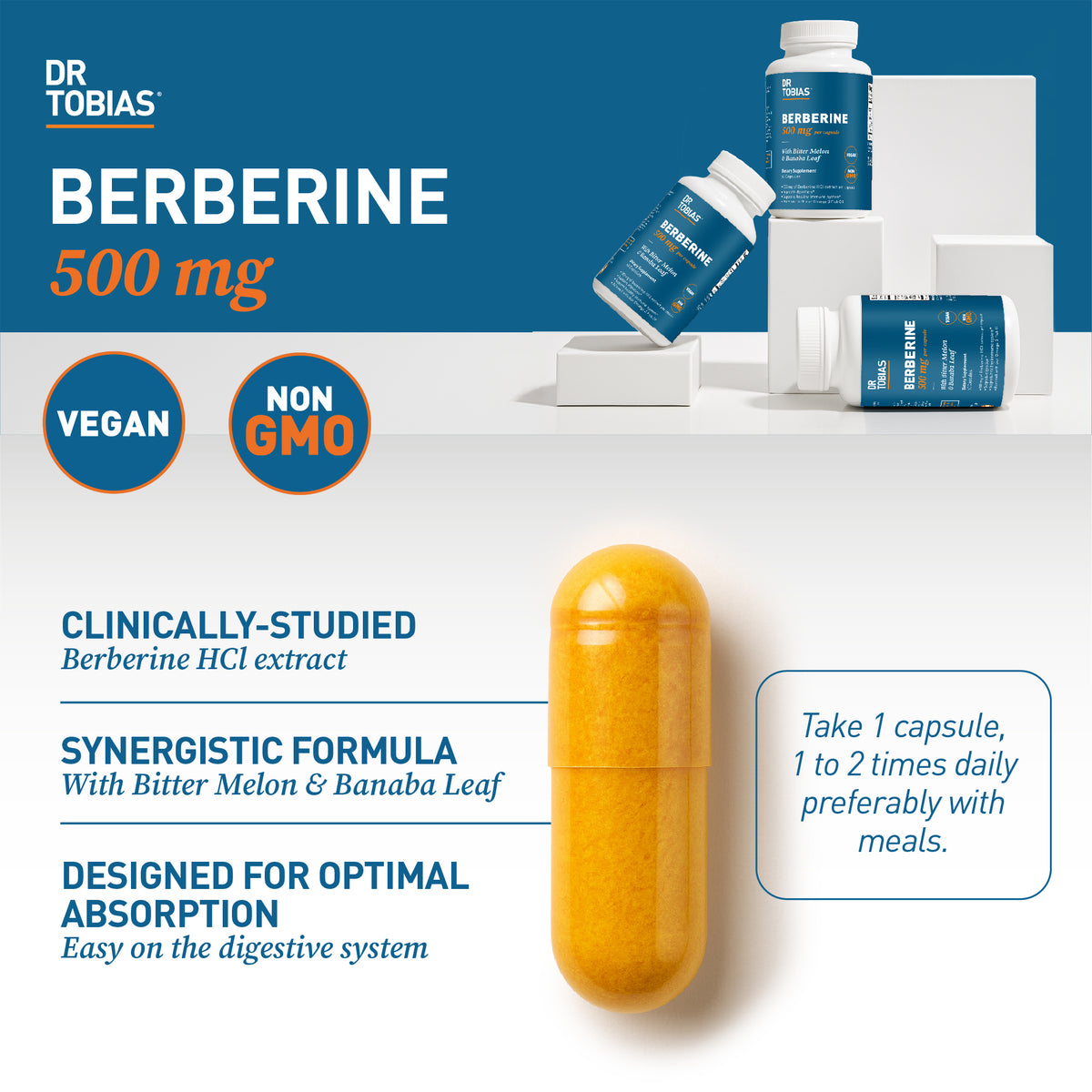 Close-up of Dr. Tobias Berberine capsule with product highlights – vegan, non-GMO, clinically studied formula