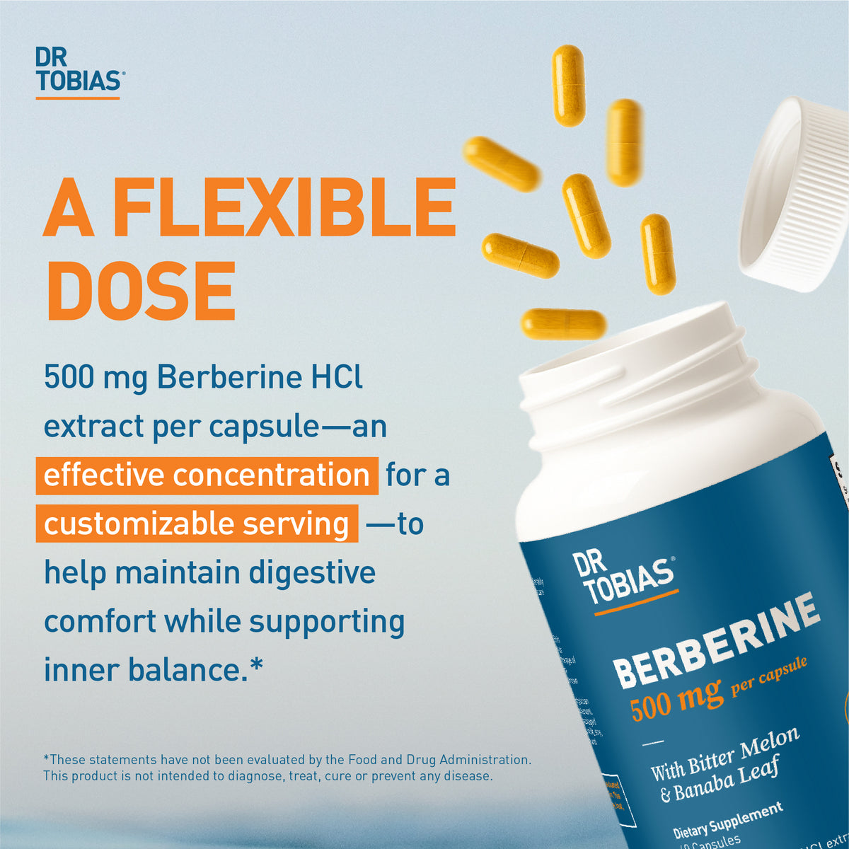 Dr. Tobias Berberine 500mg capsules showing flexible dose option for digestive comfort and balance